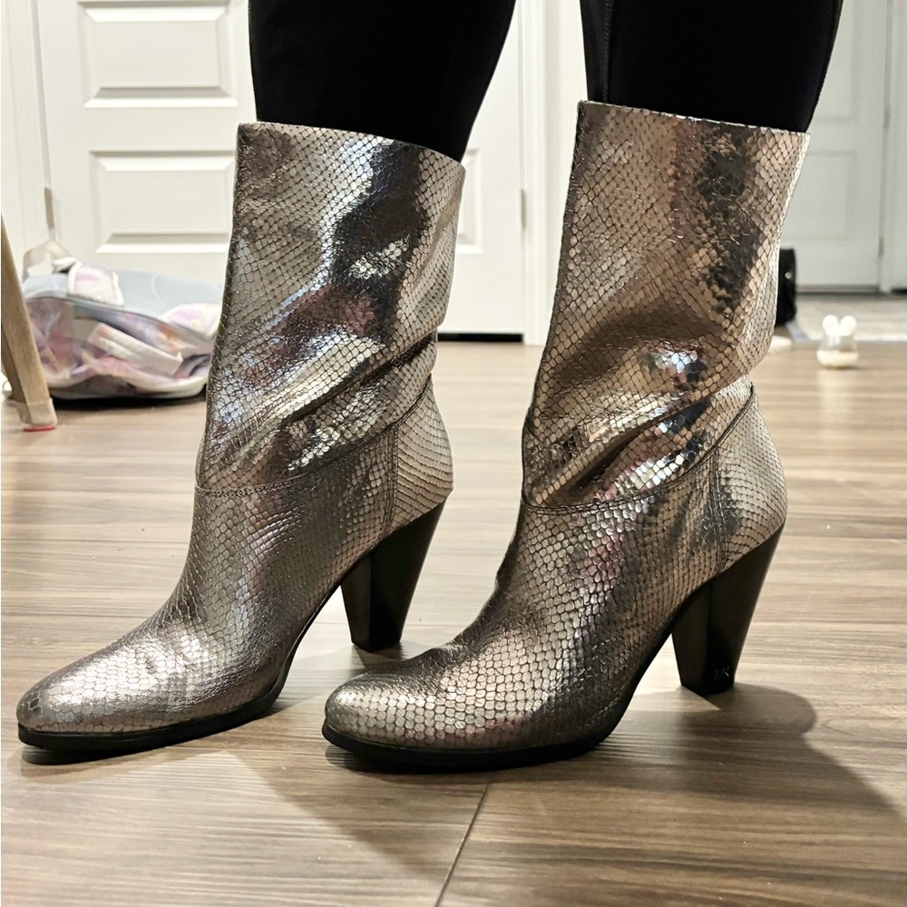 Michael Kors Diva Boots Slouchy Booties Snake Sliver 9.5 NEW